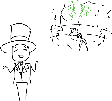 Top Hat Man stands in front of Lady Catastrovania, who is triumphantly pointing up at a mass of green in the background.