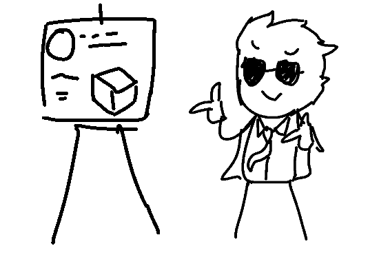 Magnus Glorius, wearing sunglasses, stands next to a easel with a drawing of a cube, a circle, and some lines of text