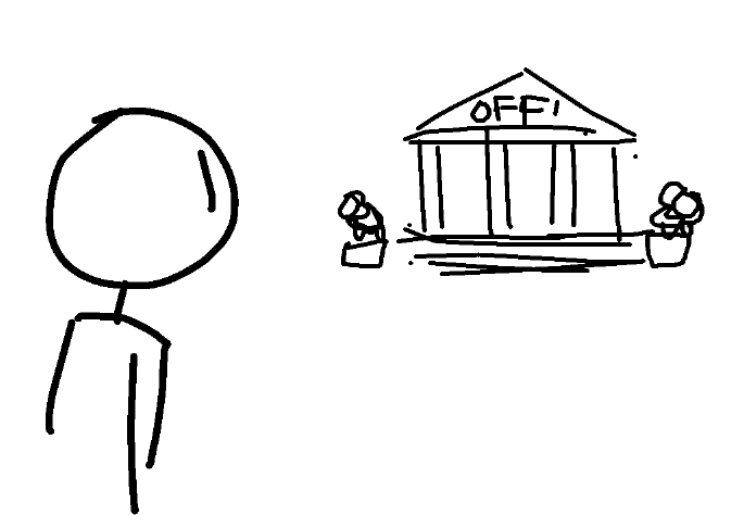 The player looks over a vast expanse toward a large building with Greek columns labeled "OFF:".