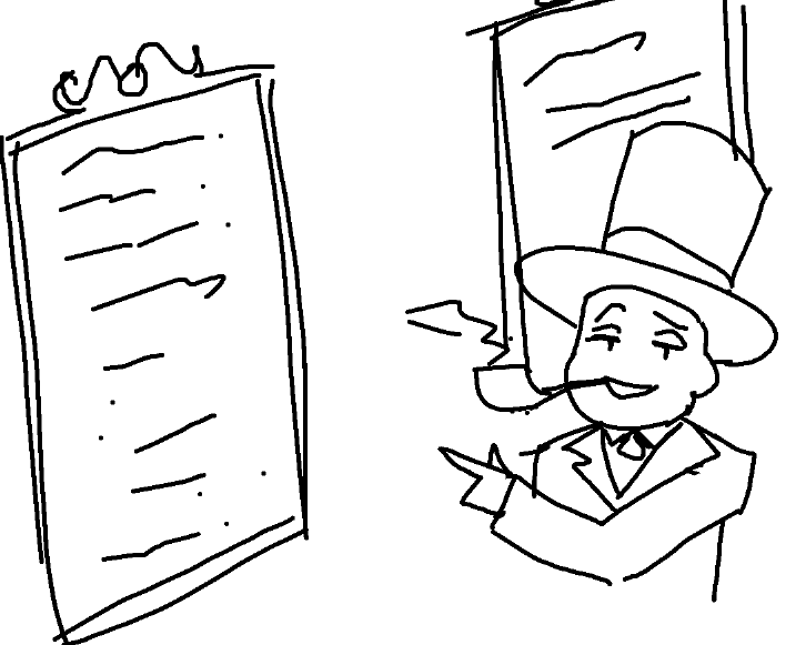 Top Hat Man, pipe in mouth, motions toward a framed document.