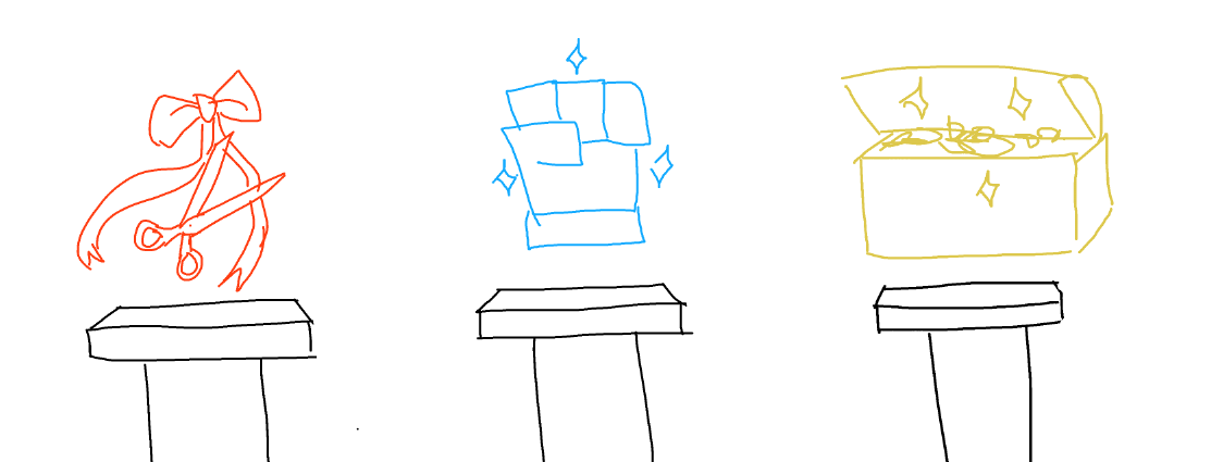 Three options for officer duties are shown on top of pedestals. To the left, Tailor is represented by a ribbon and a pair of scissors, in the middle is the Referee's cold hand of justice, and on the right is a yellow chest representing the Treasuror