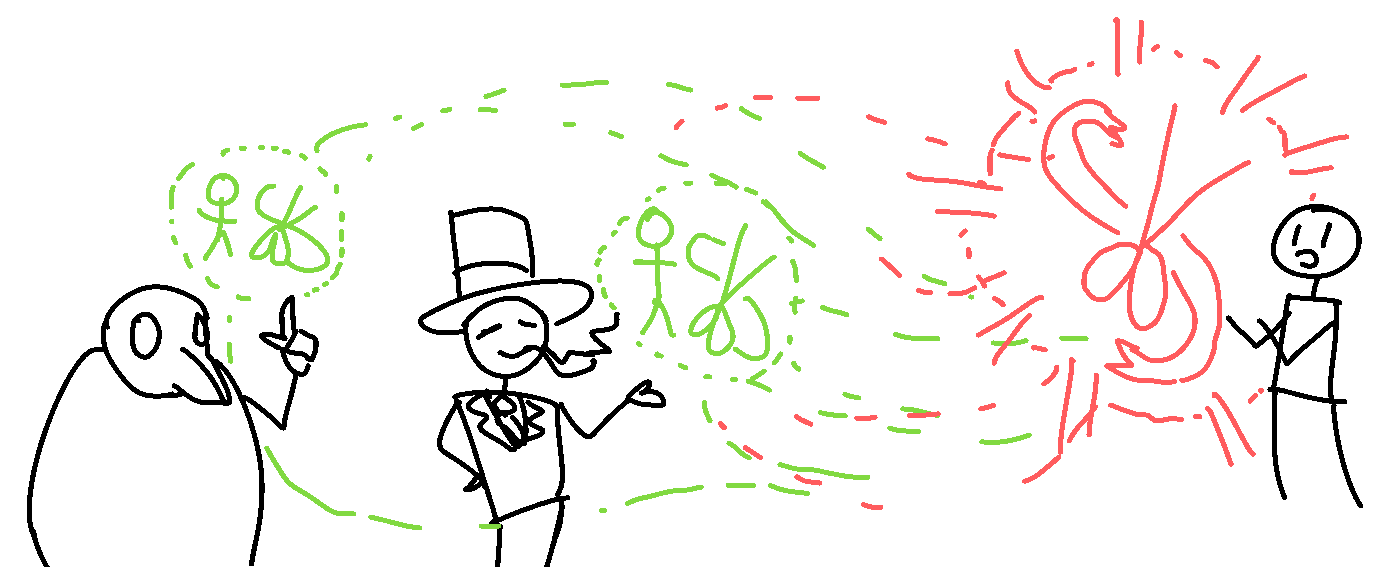 Top Hat Man and Plaguemask are depicted conjuring green voting orbs, which feed power into the player character