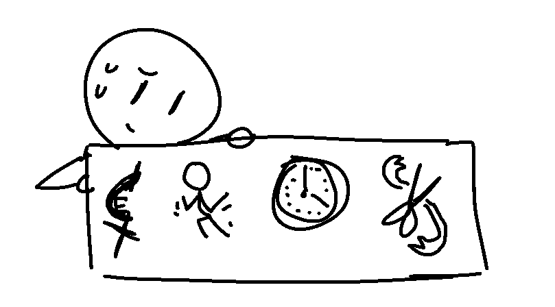 The player character holds a rectangle containing the representations of eir four items.