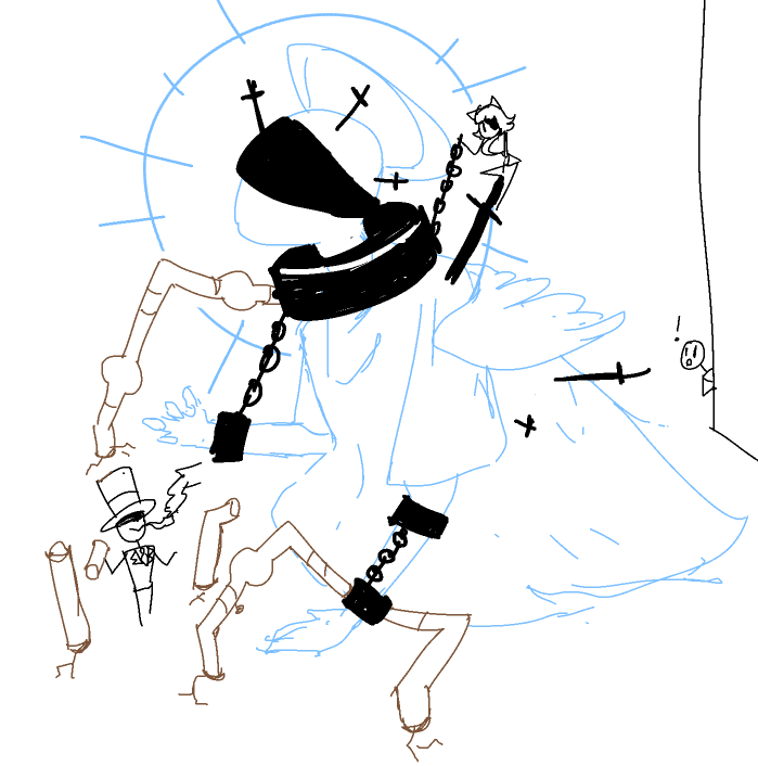 Behind the ruleset, Lady Cat sits atop the shackled avatar of Agora. Top Hat Man stands to the side. The player character looks at the scene with alarm from behind the ruleset monolith.