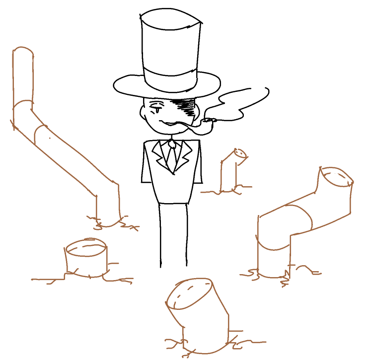 Top Hat Man stands smiling among several bent pipes protruding from the ground, face obscured by shadow.