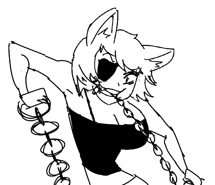 Lady Cat looks downward maliciously while wrangling with several lengths of black chain.