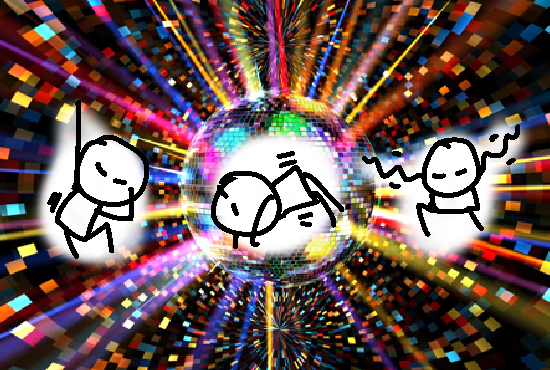 On a cosmic background, the player moves through various dance moves.