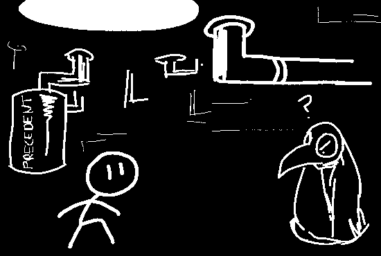 The player in a dark room, looking at a plague mask wearing individual, whos eems confused. In the background are pipes and a large drum labeled "PRECEDENT"