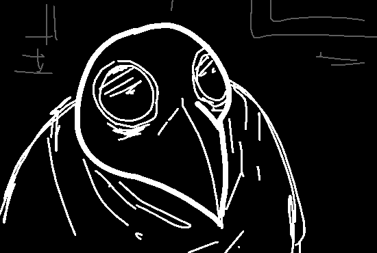 A close-up of the plague mask wearing individual.