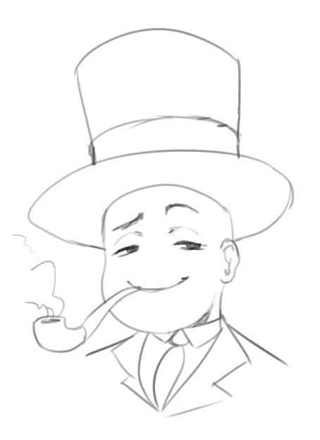 A portrait of Top Hat Man wearing his signature hat and suit. He also has a pipe in his mouth