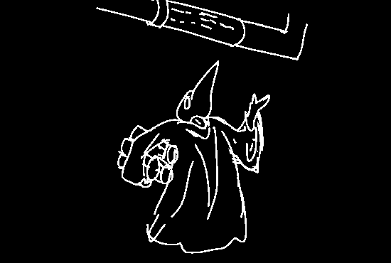 Plaguemask is gesturing up at a pipe with a bundle of scrolls under his arm.