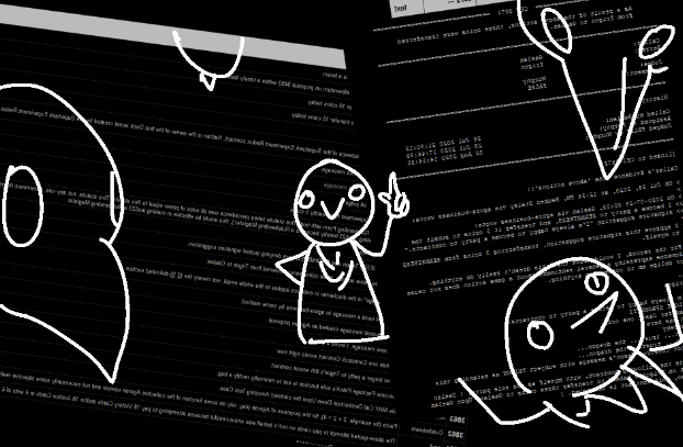 timelapse-style image of Plaguemask explaining things with the text of CFJs in the background