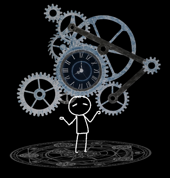 The player appears serene, with an over-sized cog clock in the background and a mystic looking circular configuration below
