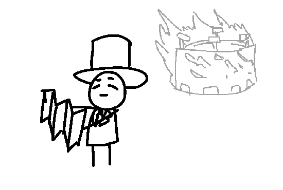 Top hat man examining a folded paper, with a burning stadium behind him.
